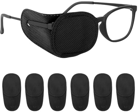 Augenklappe Medizinisch für Brillen, Wiederverwendbare Augenklappen für Erwachsene und Kinder Weiche Eye Patches zur Abdeckung des Linken oder Rechten Auges bei Amblyopie und Strabis (Schwarz 6)