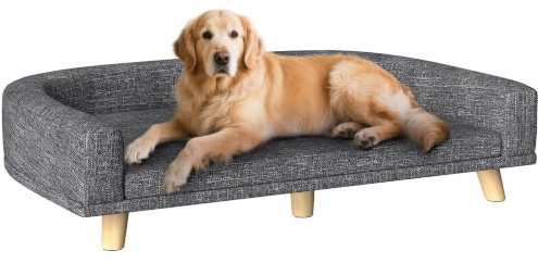 PawHut Canapé Chien avec Coussin Déhoussable 98 x 67 x 25 cm Gris Foncé | Lit pour Chien, Housse Lavable, Design Scandinave, Tissu Polyester, Pieds en Bois