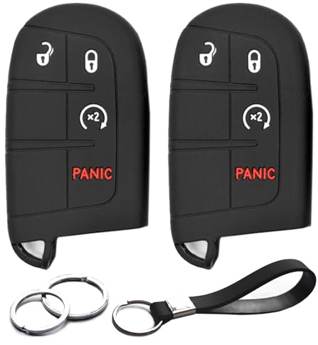 INFIPAR 2pcs Compatible with Jeep Compass Grand Cherokee Renegade Chrysler 300 Dodge Challenger Durango Journey Smart 4 Button Key Fob Cover Case Key Chain Protector Keyless Remote Holder