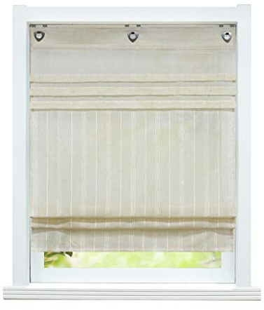 ESLIR Raffrollo ohne Bohren Gardinen Küche Raffgardinen mit Ösen Landhaus Ösenrollo Vorhänge Leinen Halbtransparent Sand BxH 120x140cm 1 Stück