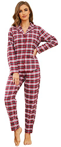 Mnemo Home dam pyjamas lång flanell pyjamas dam 100 % bomull av flanell, röd, M