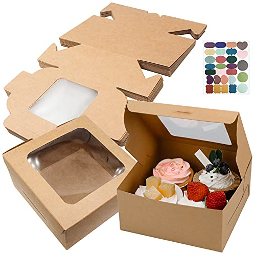 GIAK Cupcake Box Kraftpapier Karton Mit Sichtfenster Cupcake Boxen 24 Stk Mit Aufkleber Donut Box für Keksschachtel Mehlspeisenkarton Dessert Cupcakes Kraftpapier Box (A)