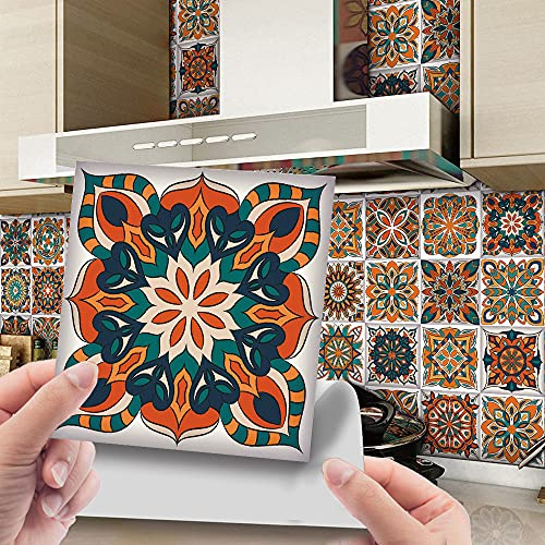 Hiseng 24pcs Wall Tile Stickers, Hiser Square Moroccan Victorian Retro Mosaic Style Waterproof Decals Sticker for Kitchen Living Room Bathroom Home Floor DIY Decor Self-Adhesive (Orange,20x20cm)