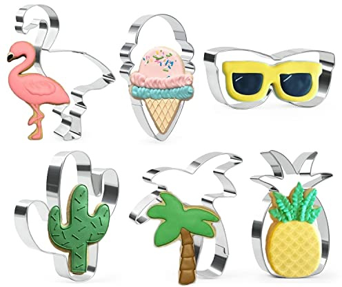 Crethinkaty 6-teiliges Sommer-Ausstechformen-Set zum Backen – Flamingo, Palme, Ananas, Eis, Kaktus und Gläser Form Edelstahl Aromaperlen Kekse/Gebäckschneider