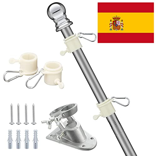 HARRMS Mástil de bandera de 1,6 m con bandera española, kit de mástil de bandera con soporte de aluminio, mástil de bandera de acero inoxidable resistente para jardín, exterior, techo, paredes, patio