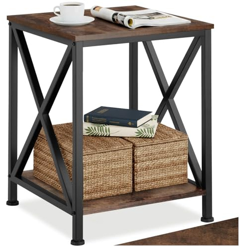 tectake® Mesa Auxiliar Salon Estilo Industrial con 2 Estantes y Pies Ajustables, Mesitas de Noche, Decoracion Hogar, Muebles, Oficina - 40,5 x 40,5 x 52,2 cm Madera Industrial Oscura, Rústica