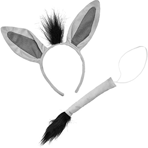 Balinco Esel Kostüm Erwachsene Set, Eselohren Haarreif + Eselschwanz, Tierkostüm Damen/Herren, Esel Verkleidung, Tierohren Grau, Karneval, Fasching