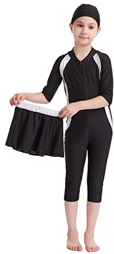 Burkini Mädchen Kinder Muslim Badeanzug Full Cover Schwimmanzug Muslimische Tankini Islamisch Arabisch Jilbab Langarm Schwimmoberteile+Shorts Badehose+Hijab 3tlg Modest Bademode Schwarz#2 9-10 Jahre