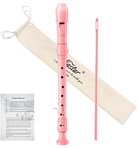 Eastar Flauta de pico soprano para principiantes, niños, instrumento de flauta de pico alemán en do, soporte para el pulgar, bolsa de algodón, tabla de dedos, rosa claro, ERS-21GP.