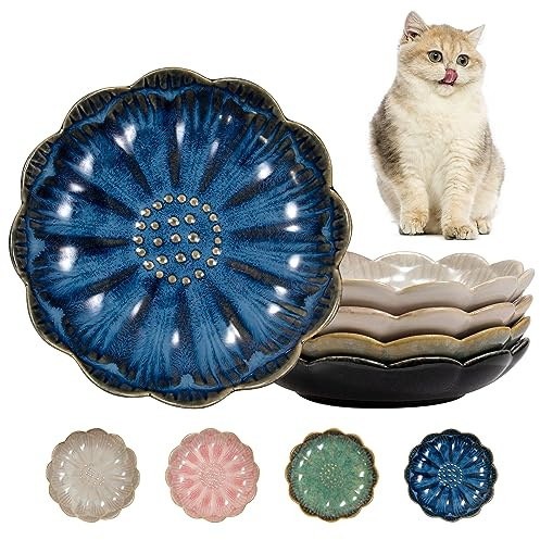 Qucey Set di 4 piatti in ceramica per gatti poco profondi da 14 cm, ciotole piatte per gatti, piatti per gatti per cibo umido, adatti al microonde e alla lavastoviglie