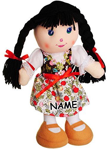 alles-meine.de GmbH große Schmusepuppe - Kleidung AUSZIEHBAR - Mädchen mit Kleid - Blumen & Blüten - Lange Schwarze Haare - inkl. Name - 35-36 cm - Stoffpuppe aus Plüsch - ..