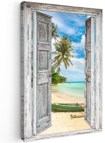 MuchoWow© Wandbilder Groß XXL Wohnzimmer Wanddeko Schlafzimmer Zimmerdeko | 80x120 cm - Fotowand Zimmer Deko Wand Dekoration Wall Art Kanu - Strand - Palme - Fensterblick