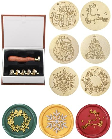 Mogokoyo Weihnachten Siegelstempel Set 6 Stück Weihnachts Wachs Siegelstempel Messingköpfen & 1 Holzgriff Geschenkset für Weihnacht (# 1)