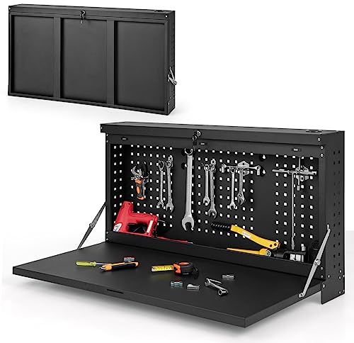 GOPLUS Panneau Mural Porte-Outils Pliante, Charge 50KG, 2-en-1 Organisateur d'Outils avec Tablette Spacieuse, Table de Travail Suspendue pour Garage, Entrepôt, Atelier