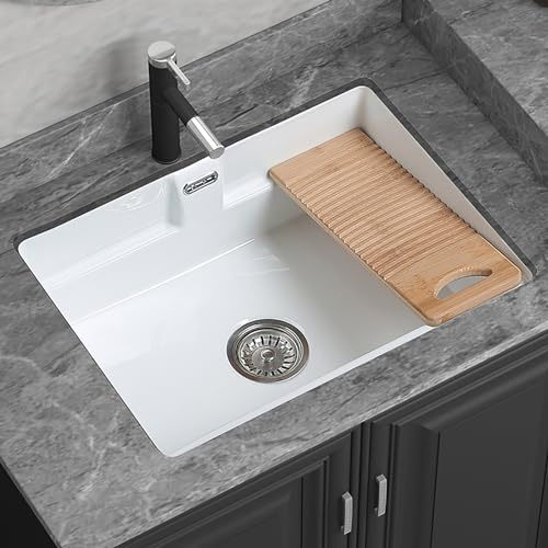 Undercounter ceramic washbasin, white bathroom ceramic sink, embedded balcony washbasin with pull-out swivel faucet, with solid wood washboard, fired at 1380°C, suitable for bathrooms, balconies, etc.