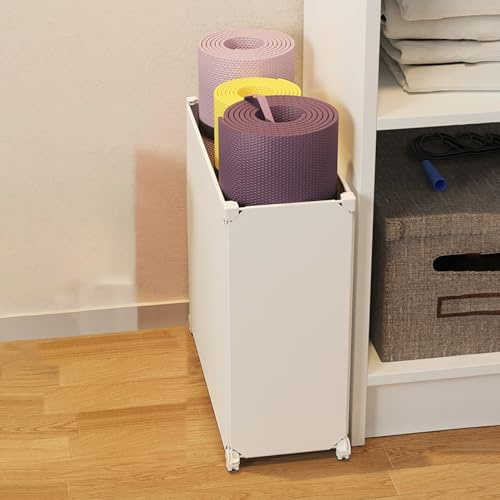 TUJOBA Yogamattenhalter Yoga-Aufbewahrungsbox aus PP-Harz Und Metall auf Rädern, Organisator für Heim-Fitnessstudio-Übungszubehör, Yogamatten-Schaumstoffrollenkorb für Wohnung/Büro (Color : White)