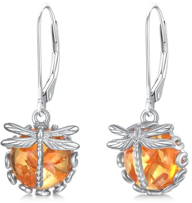 KZX Pendientes de libélula de ámbar de plata de ley 925, aretes colgantes de libélula, regalo para mujeres y niñas, plata de ley, ámbar, Plata de ley, Ámbar