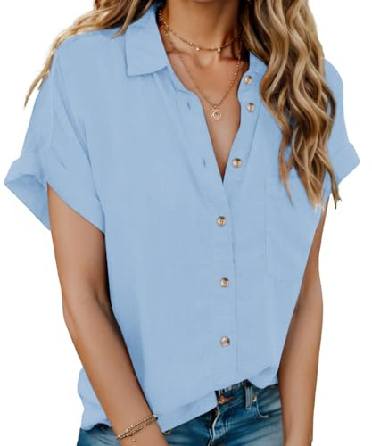 Hotouch Damblus, ledig kortärmad skjorta, 100 % bomull, skjortblus, button-down skjorta, V-ringad blusskjorta, lediga toppar med ficka, blå, L