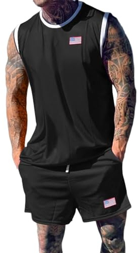 Conjunto corto de dos piezas para hombre, entrenamiento, cuello redondo, camiseta de tirantes para verano, sin mangas, ropa de noche de dos piezas, camiseta de tirantes + pantalones cortos, Negro , M