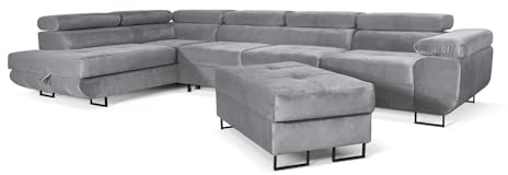 SOFILAND Aller Lang XL Modernes Design Ecksofa mit Schlaffunktion, Bettkasten in Ottomane, Hocker mit Stauraum – Tierfreundlicher Waterproof-Welvet, inkl. 2 runde Kissen, Ottomane Links. (Hellgrau)