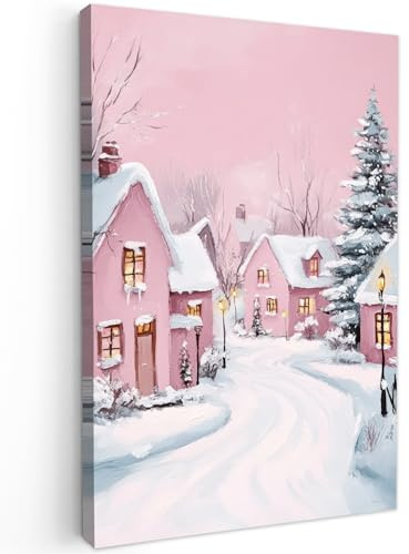 MuchoWow© Weihnachtsdeko Leinwandbilder Wall Art Decoration Bilder | 40x60 cm - Weihnachtsgeschenke für die Wand Deko Canvas Painting Wanddekoration Wohnzimmer Weihnachtsdorf - Rosa - Winter