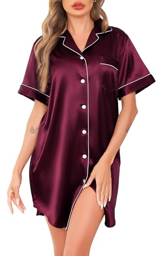 Vlazom Women's Satin Nightshirt Button Down Silk Nightdress Short Sleeve Nighties Boyfriend Sleepshirt Notch Collar Sleepwear Burgundy,M