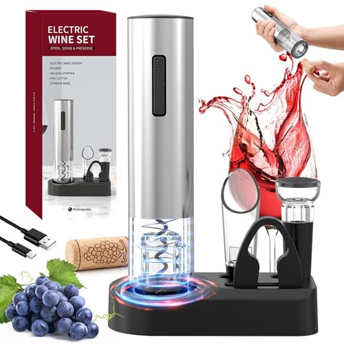Cavatappi Elettrico per Vino,Ricaricabile Apribottiglie Elettrico 6 in 1 con Tagliacapsule,Versatore,Tappo Vino Sottovuoto,Base di Stoccaggio,Set Regalo Apribottiglie per Gli Amanti del Vino