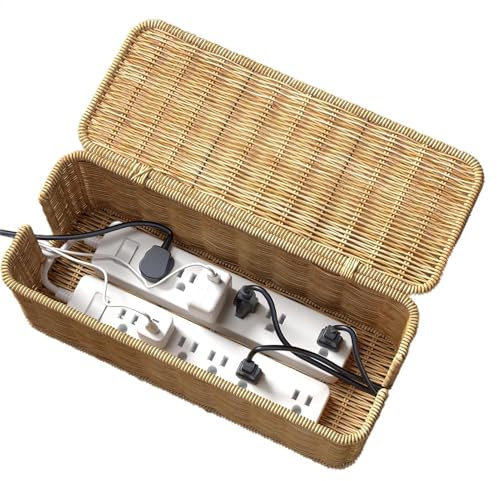 Caja organizadora de Cables de ratán | Caja organizadora de Cables de ratán | Caja ordenadora de Cables | Caja de Tiras de alimentación con Tapa | Caja de Almacenamiento de Alambre Tejida a Mano para