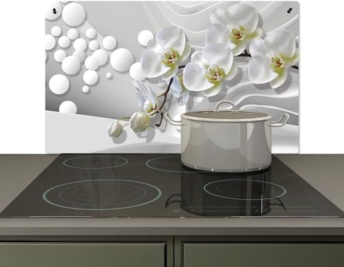 KitchenYeah© Spritzschutz Herd Küchenrückwand Vinyl Küchendeko Wand | 91x52 cm - Wandverkleidung, Herdabdeckplatten Weiß - Blumen - Orchidee - Abstrakt - Modern