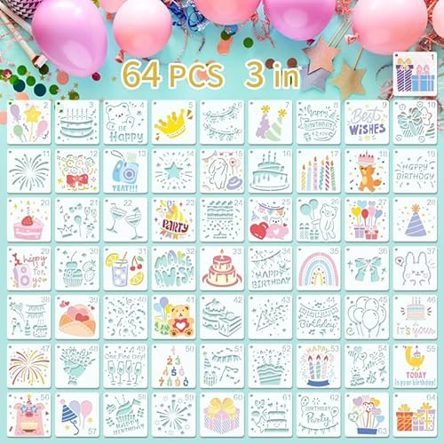 Set di 64 stencil riutilizzabili per bricolage con motivi di compleanno, animali e arcobaleno (7,6 x 7,6 cm), per progetti artistici, pittura e decorazioni, varietà creativa