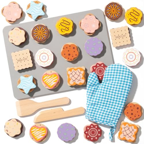 WOODENFUN Hölzernes Plätzchen Spiel Essen Set für Kinder, Küchenzubehör Lebensmittel Spielzeug für Kleinkinder, vorgeben Spiel Scheiben und Backen Geschenk für 3 4 5 Jahre alte Mädchen Jungen(Cookie)