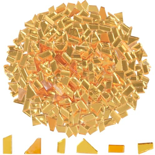 Yazikisa 500g Irregulär Glas Mosaik Fliesen Kristall Glasfliesen Glitzerkristall Mosaiksteine Glasstücke für Bastel Handgefertigt Heimdekoration Blumentöpfe Fotorahmen Gold Serie