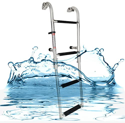 Heavy Duty Swim Deck Ladder 4 Step Folding Boat Ladders Undermount, Heavy Duty Stainless Steel Swim Ladder for Pontoon/Yacht/Truck/RV, Anti-Slip & Extra Wider Steps, UWGK6003178