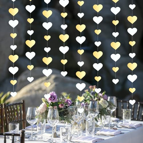 52Ft Hochzeit Deko Girlande, 4 Stück Herz Papier Hängende Girlande, Streamer Doppeltes Herz, Geburtstagsgirlande Deko für Hochzeit Party Valentinstag Geburtstag (Gold-Weiß)