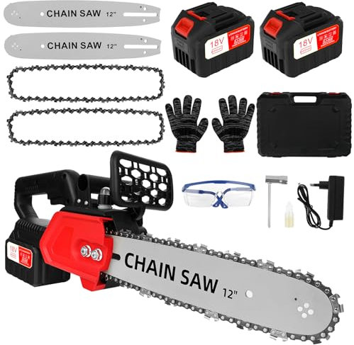 Motosega con motosega a batteria, 9000 mAh, 12 pollici, 2 batterie da 4500 mAh, motosega 2 catene + 2 guide per catena, mini motosega elettrica a batteria, 1000 W