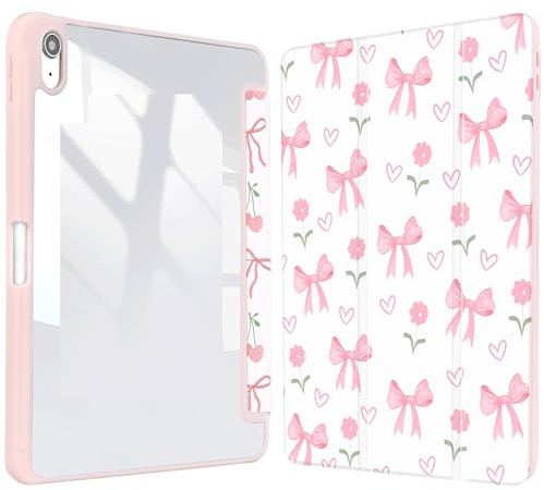 Vozehui 11/10,9 Pouces Bow Fleur Cas pour iPad 11/10ème Génération 2025/2022 Cas avec Coquille Arrière Transparente w/Crayon Holder, Couverture Protectrice Triple Stand w/Auto Sleep Wake
