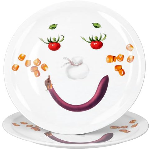 MamboCat Lot de 2 assiettes à pizza Smiley I Ø 30,5 cm I Plateau de service amusant en porcelaine avec visage de légumes I Assiettes pour enfants, assiettes de fête, pizza familiale I pour pizza