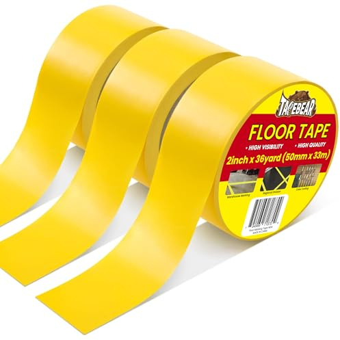 TAPEBEAR Cinta de Suelo Amarilla de Vinilo 50mm x 33m, Cinta de Seguridad | Impermeable y Antidesgaste para Marcado en Gimnasios, Almacenes y Señalización, 3 Rollos