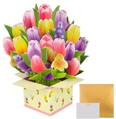 MOTIBACK Geburtstagskarten Blumen, Pop-up-Grußkarten Geburtstagskarten, raffinierte Tulpen Grußkarten, Simulation von Grußkarten Umschlag Blumen, Geeignet für Freundinnen (B)