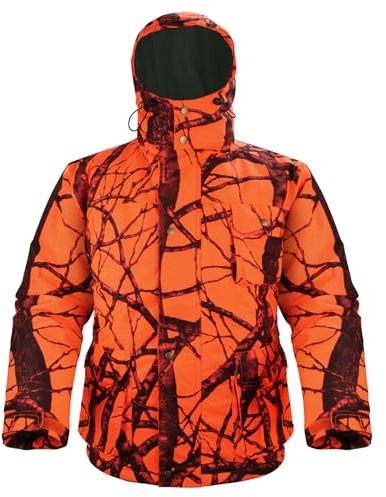 Avizon Herren Jagdjacke mit Kapuze, Orange Camouflage Wintertauglich mit Warmem Fleecefutter L