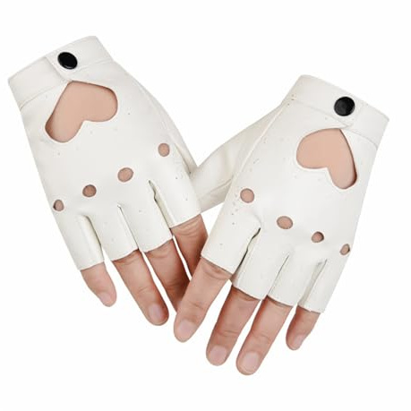 AWAVM Guanti senza dita in pelle, senza dita, neri, per donne e uomini, stile punk, con mezze dita, accessori da motociclista per moto, danza, giocatori, rock, hip hop, cosplay, bianco, Taglia unica
