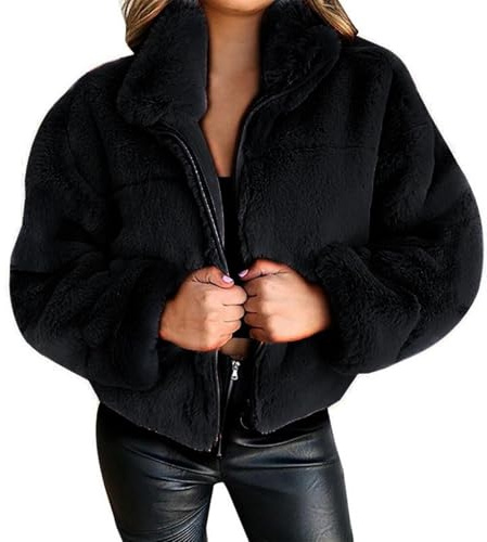 Generisch Chaqueta de felpa para mujer, corta, elegante, de piel sintética, chaqueta de invierno para mujer, cuello alto con cremallera, chaqueta de entretiempo, abrigo de pelo largo suelto, abrigo de