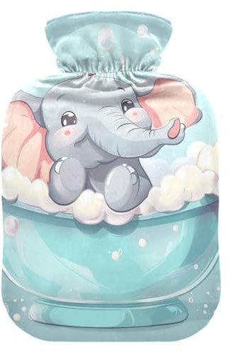 Hot Water Bottle with Soft Cover Hand Feet Warmer Cute Elephant Light Blue Hot Water Bag for Pain Relief Medium
