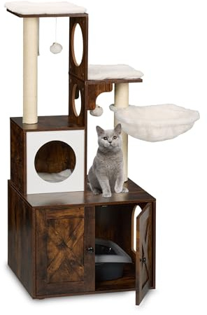 Kratzbaum 128 cm mit Katzenklo-Schrank, Sisalstämmen & Kuschelhöhle, Katzenbaum Groß für Wohnung, Kratzmöbel mit Liegeflächen, Industrial Design, Spiel- & Ruheplatz für Katzen