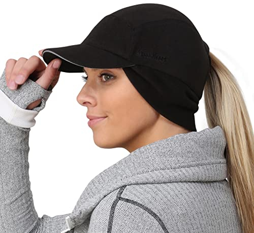 TrailHeads Winter Mütze mit Loch für Zopf – Fleece Cap Damen Pferdeschwanz – Trailblazer Reflektierende Sport Damen (schwarz)