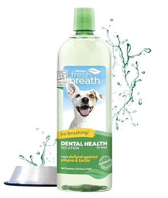 TropiClean Fresh Breath Dog Teeth Cleaning – Dog Dental Care for Bad Breath - Breath Freshener - Water Additive Mouthwash – Helps Remove Plaque Off Dogs Teeth, Original, 1L