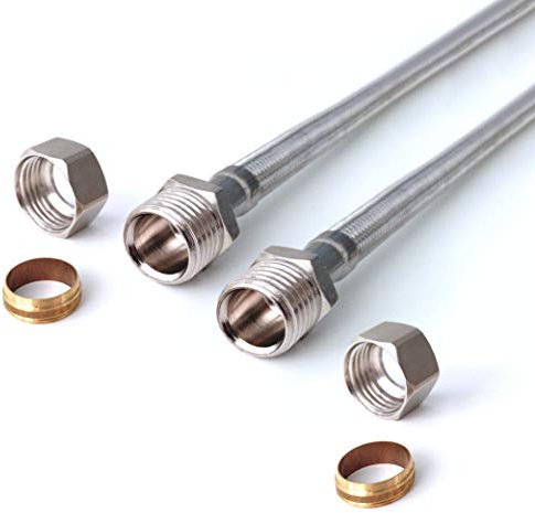 Xcel Home 2X 15mm x 15mm Compression 300mm Steel Flexible Pipe Connectors | Stainless Pair | Replacement Kitchen Bathroom | Connects Copper Pipes | Durable Quality Corrosion Rust-Free