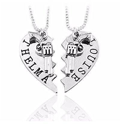 Art Attack Thelma & Louise Partners In Crime Chain Necklace, Brass & Silver Plated, Gun Revolver BFF Best Friends Broken Heart Bandit Pendant Charm