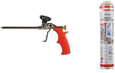 fischer Metallpistole PUPM 3 - Schaumpistole aus Metall mit Schraubadapter - 1 Stück - Art.-Nr. 33208 + fischer PUP S 750 PU-Schaum für Fugenschall-und Wärmedämmung, B2, 50 ml-1 Stück-Art-Nr. 40302