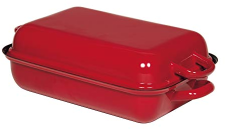 Riess, 0105-020, Bratpfanne mit Deckel 37/26, Bräter, Ofenpfanne, Classic - Color ROT, 37 x 26 cm, Höhe 13.3 cm, Emaille, rot/schwarz, Induktion, Bratreine